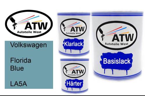 Volkswagen, Florida Blue, LA5A: 1L Lackdose + 1L Klarlack + 500ml Härter - Set, von ATW Autoteile West.